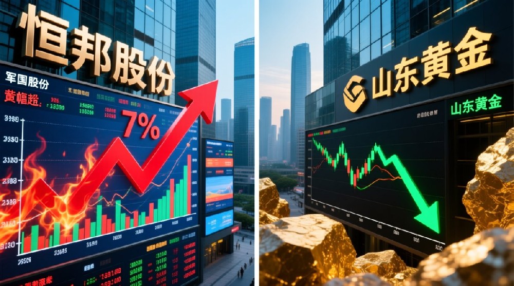 军工、黄金板块分化，恒邦股份涨超 7%，山东黄金逆势走弱